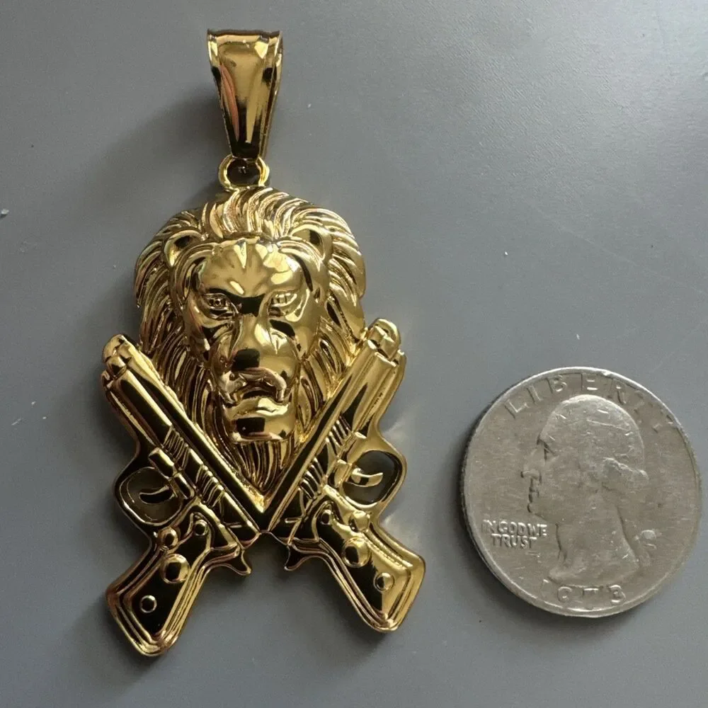 Double Gun Lion Tiger Pendant Stainless Steel 24 Inch Chain Gold Hunter Hip Hop